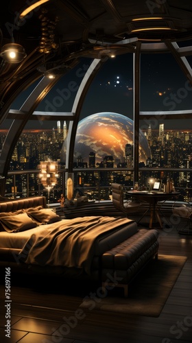 futuristic bedroom interior design with a large window overlooking a city at night © Adobe Contributor