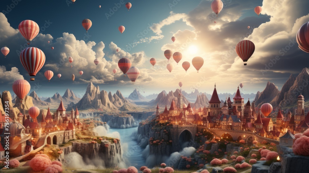 Fantasy landscape with a castle, mountains, river and hot air balloons