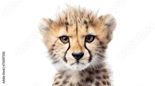 a close up of a three month old cheetah cub gazing forward, isolated on whit
