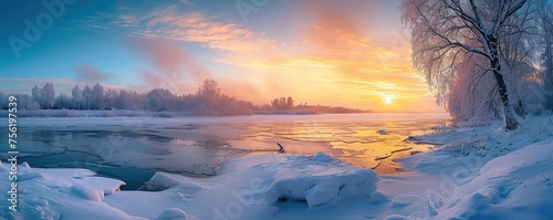 Winter landscape at sunset in snow covered forest and river