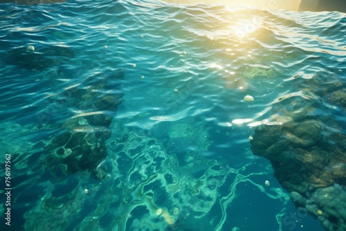 Underwater scene with sunlight shining through the water surface