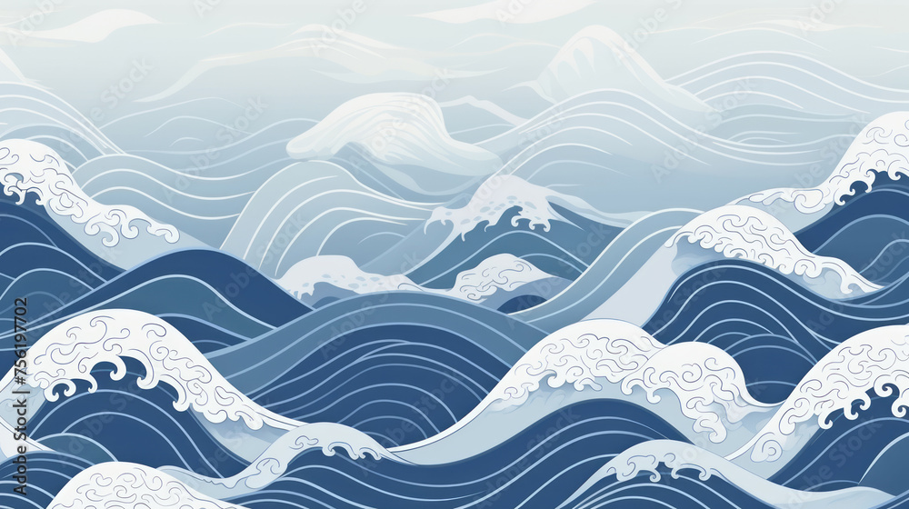 Hand-drawing abstract Japanese wave background with line wave pattern. Japanese ancient style. Mountain landscape and ocean object in oriental style, blue, indigo and green tone Hand-drawing abstract Japanese wave background with line wave pattern. Japanese ancient style. Mountain landscape and ocean object in oriental style, blue, indigo and green tone