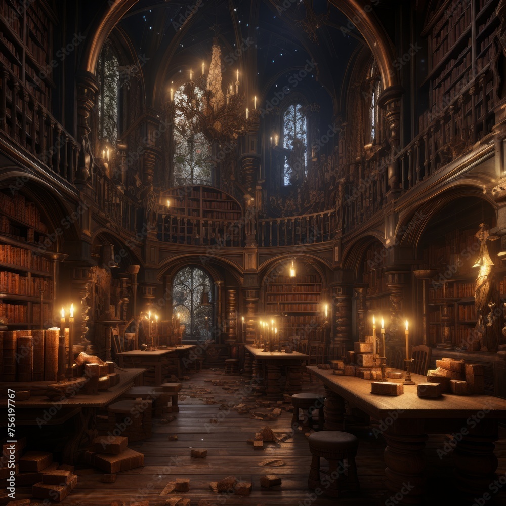 A grand library with a high ceiling and many bookshelves