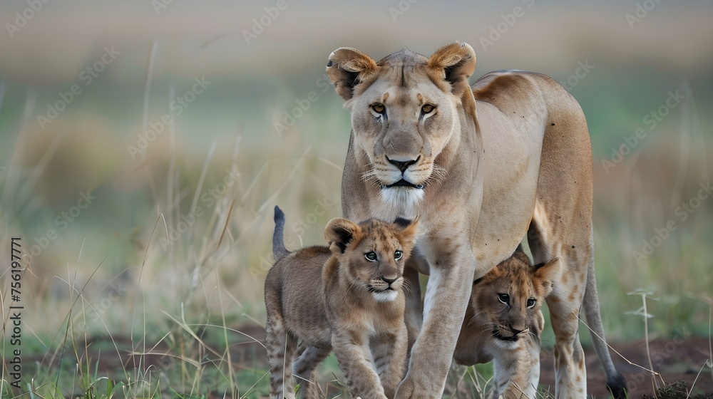 Obraz premium A courageous lioness protecting her cubs. 