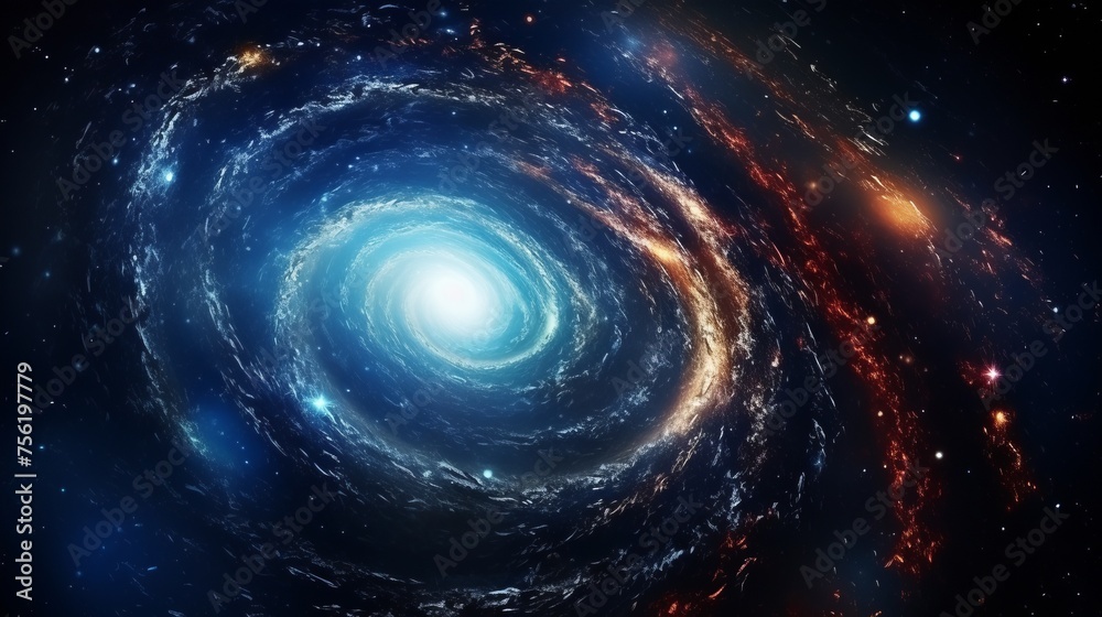 Blue and orange spiral galaxy with stars in the background