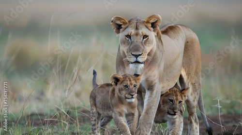 A courageous lioness protecting her cubs. 