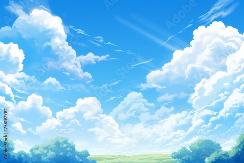 Blue sky and white clouds with green field photo
