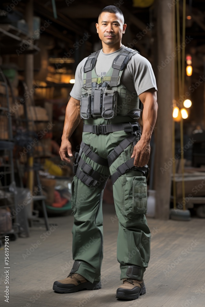 A man wearing a tactical vest and a harness stands in a warehouse. A man wearing a tactical vest and a harness stands in a warehouse.