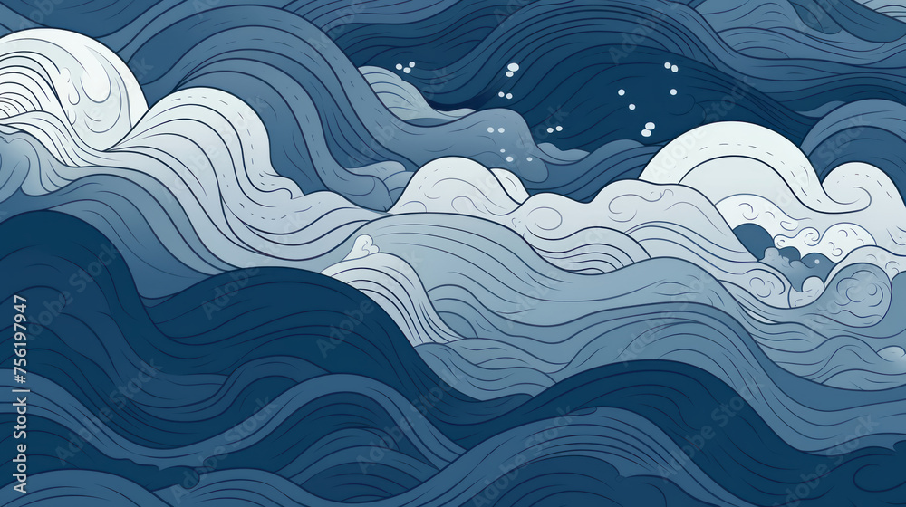 Hand-drawing abstract Japanese wave background with line wave pattern. Japanese ancient style. Mountain landscape and ocean object in oriental style, blue, indigo and green tone Hand-drawing abstract Japanese wave background with line wave pattern. Japanese ancient style. Mountain landscape and ocean object in oriental style, blue, indigo and green tone
