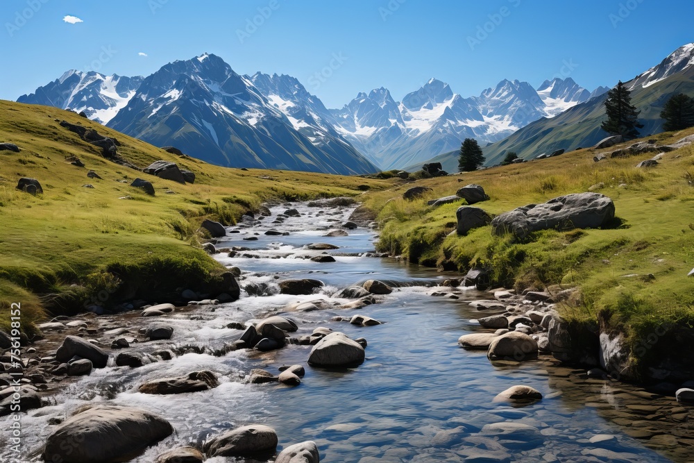 Fototapeta premium Scenic mountain river landscape with snow capped mountain peaks in the distance
