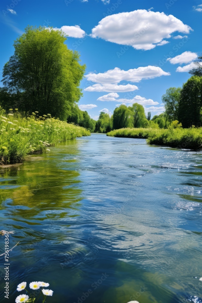 A river flows through a green field on a sunny day A river flows through a green field on a sunny day