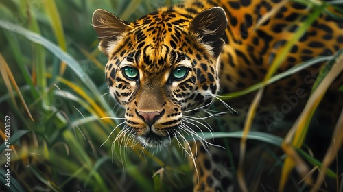 A sleek leopard cat with piercing green eyes bounds through the tall grass, its agile movements and wild spirit capturing the essence of feline grace and power