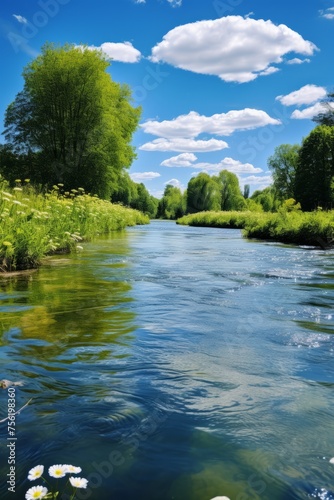 A river flows through a green field on a sunny day