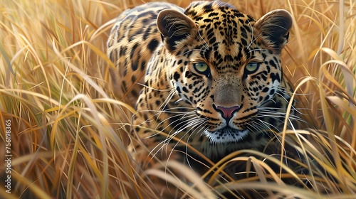 A sleek leopard cat with piercing green eyes bounds through the tall grass, its agile movements and wild spirit capturing the essence of feline grace and power photo