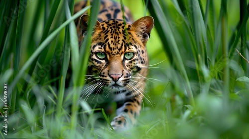 A sleek leopard cat with piercing green eyes bounds through the tall grass, its agile movements and wild spirit capturing the essence of feline grace and power photo