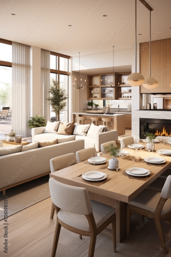 An illustration of a modern living room and dining room with a fireplace and large windows