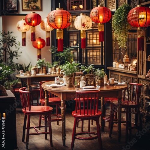 red chinese round table and chairs in a restaurant with hanging lanterns © Adobe Contributor