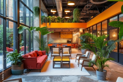 A modern coworking space  characterized by open-plan workstations