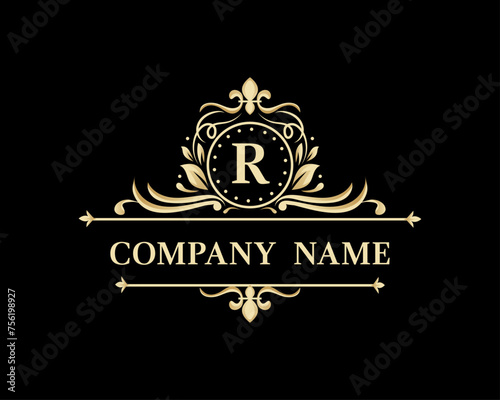 Elegant monogram design with letter R. Exclusive gold logo on a dark background for a symbol of business, restaurant, boutique, hotel, jewelry, invitations, menus, labels, fashion.
