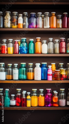 An arrangement of colorful bottles on wooden shelves in a retail display