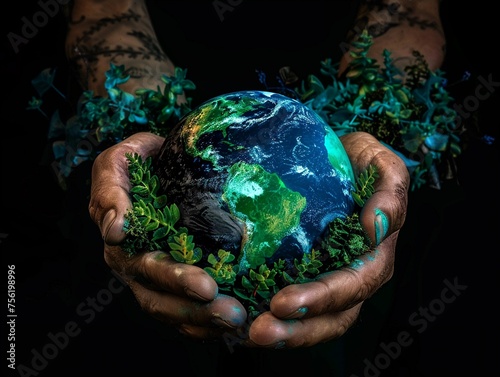Globe cradled in hands adorned with green and blue