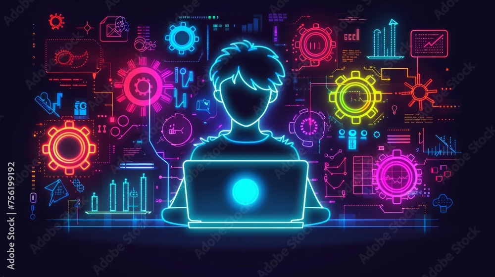 A glowing neon illustration of a person using a laptop with colorful gears and symbols in the background.