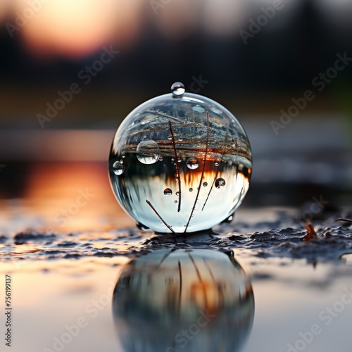 Close-up of a water droplet on a leaf with a reflection of the sky and trees © Adobe Contributor