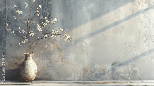 Rustic gray wall with flower in vase