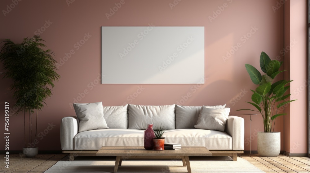 A sofa in a living room with a blank frame on the wall A sofa in a living room with a blank frame on the wall