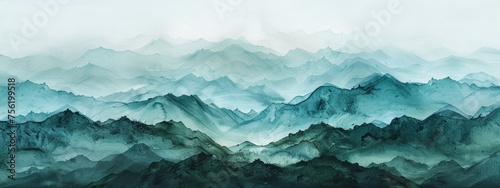 diffuse gradients,Chinese landscape,mountain,wet ink,green and blue,minimalist,chinese brush painting photo