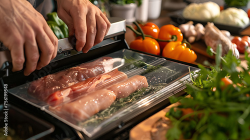 A person operating a vacuum sealer to preserve the freshness of foods and ingredients, minimizing waste and promoting organization. operating a vacuum sealer to preserve, Generative Ai. photo