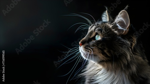 Adorable norwegian forest cat on dark background, space for text. Portrait of a norwegian forest cat. Cute cat. Digital art  photo