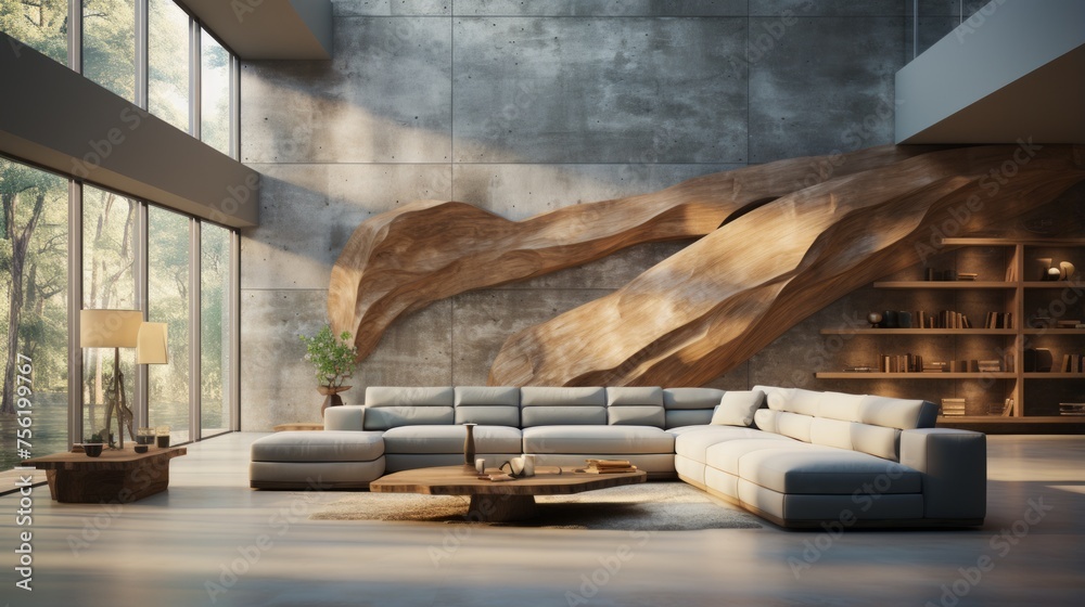 Artistic wooden wall sculpture in a modern living room