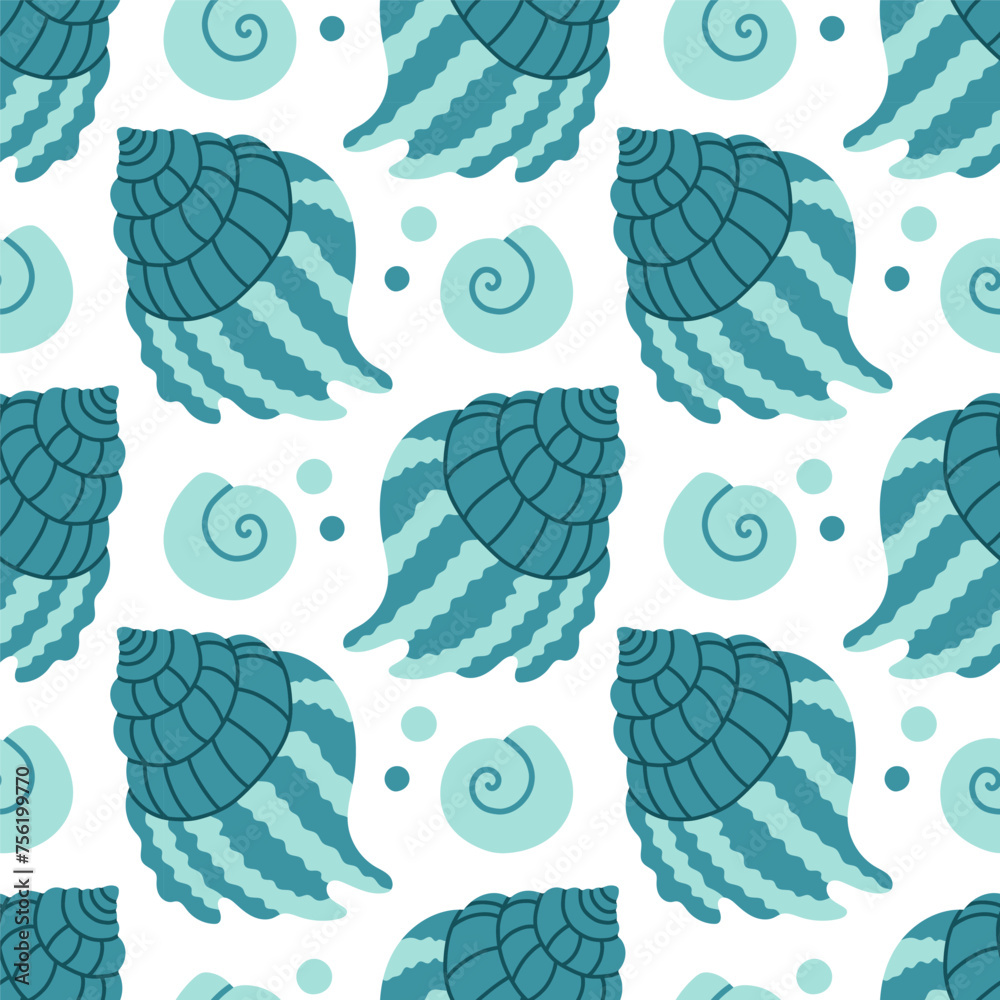 Fototapeta premium Sea shells seamless pattern. Trendy pattern of seashells for wrapping paper, wallpaper, stickers, notebook cover.