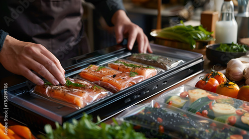A person operating a vacuum sealer to preserve the freshness of foods and ingredients, minimizing waste and promoting organization. operating a vacuum sealer to preserve, Generative Ai.