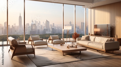 Modern living room interior design with large windows and city view © Adobe Contributor