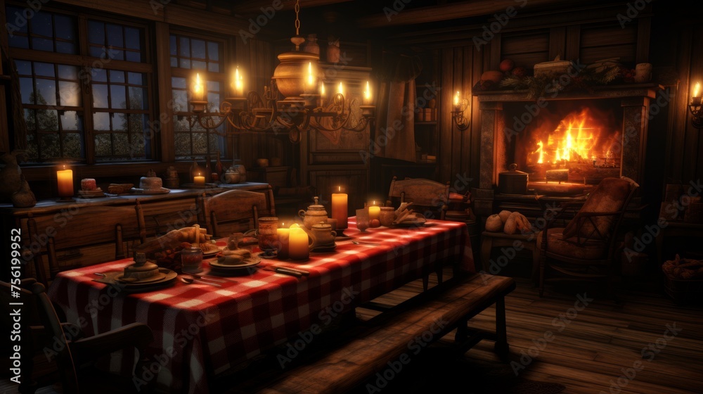 A wooden cabin dining room with a long table set for dinner