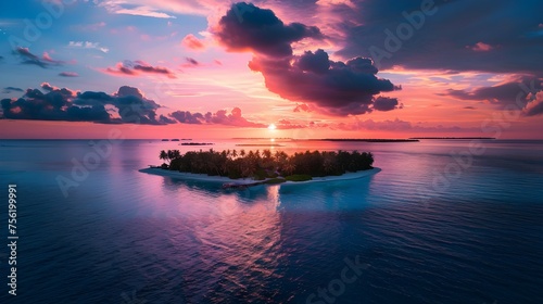 Aerial view of a beautiful paradise island in the Maldives, Indian Ocean, during a colorful sunset