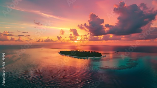 Aerial view of a beautiful paradise island in the Maldives  Indian Ocean  during a colorful sunset