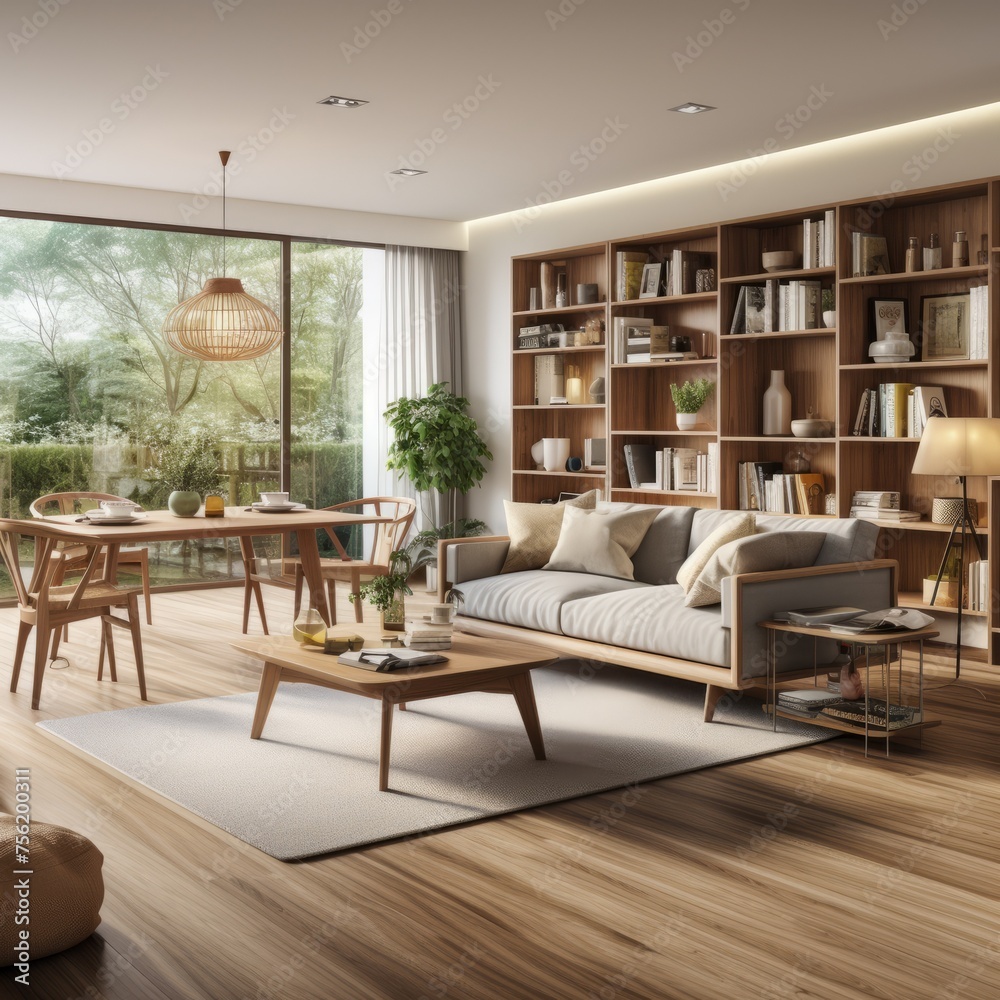 A beautiful living room with a large bookshelf, a dining table, and a sofa