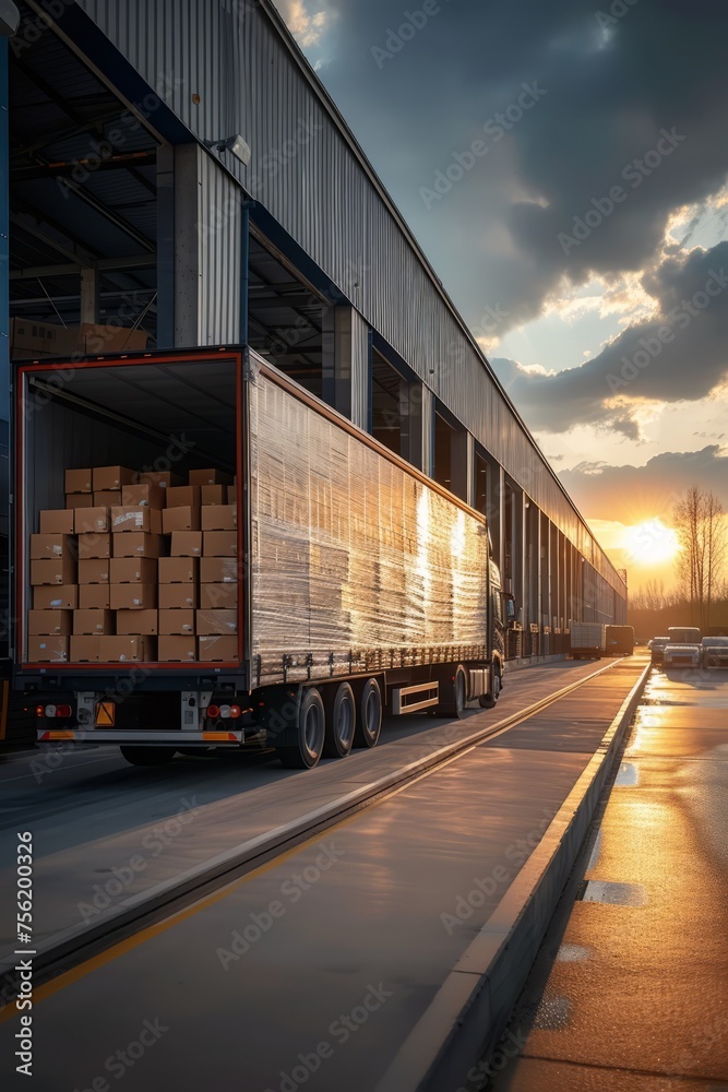 A large truck is being loaded with boxes at a warehouse A large truck is being loaded with boxes at a warehouse