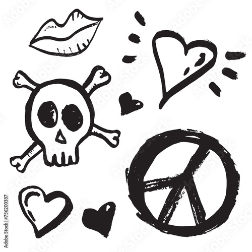 Grunge black punk icons doodle set, hand drawn vector design elements isolated on white