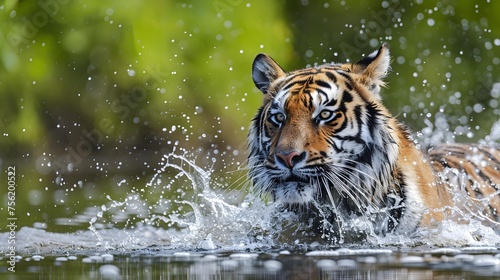 Amur tiger playing in the water, Siberia. Dangerous animal, tajga, Russia. Animal in green forest stream. Siberian tiger splashing water.  photo