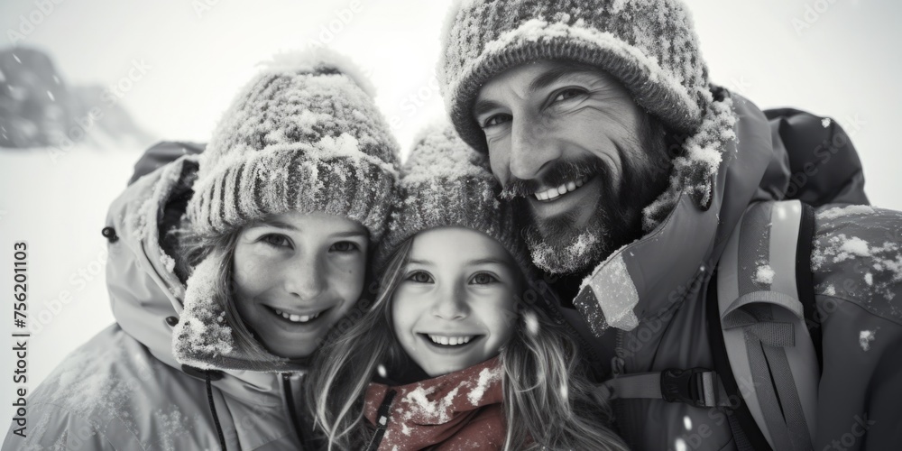 Man and two children are smiling and wearing winter hats Man and two children are smiling and wearing winter hats