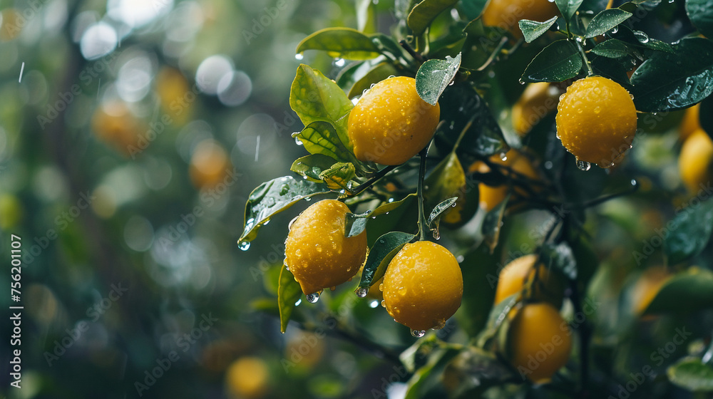 fresh lemon on branch with dew drops close view 