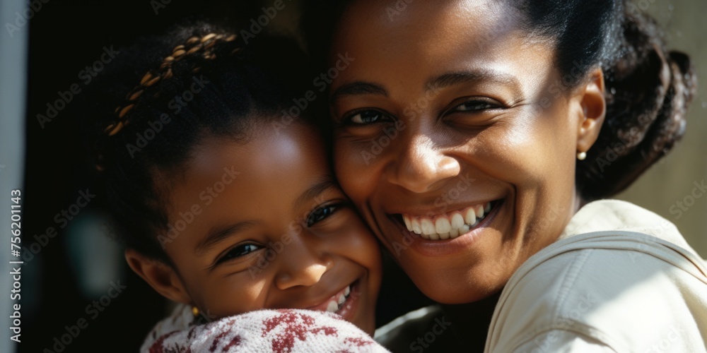 Naklejka premium Woman and child are smiling at camera
