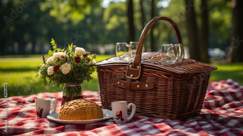 Still life of a picnic with a picnic basket, flowers, and bread