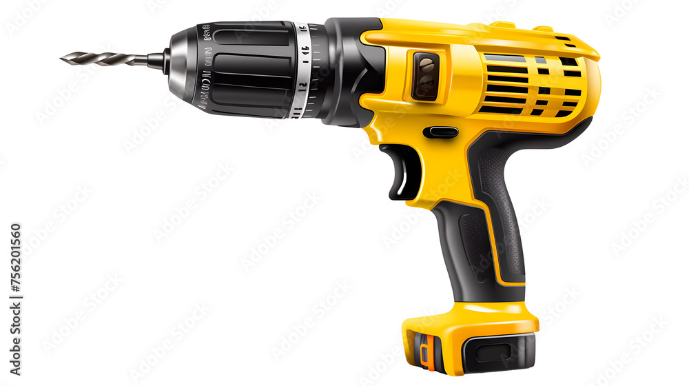 yellow electric drill tool on isolated transparent background