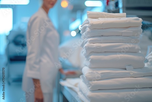 Woman in white lab coat is standing in front of stack of white towels