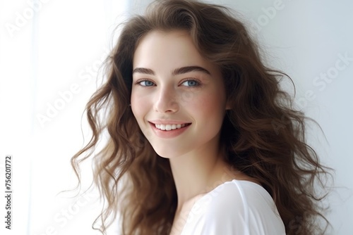 Woman with long brown hair is smiling and looking at camera
